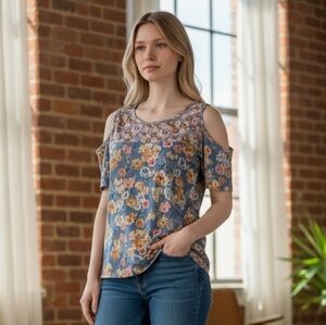 Lucky Brand Boho Floral Top L Crop Short-Sleeve Tie Cold-Shoulder Cottage-Core
